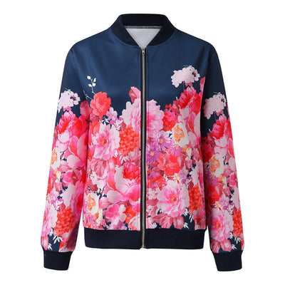 Autumn And Winter Fashion Printed Round Neck Zipper Long - Sleeved Jacket Women Jacket - Belisimo