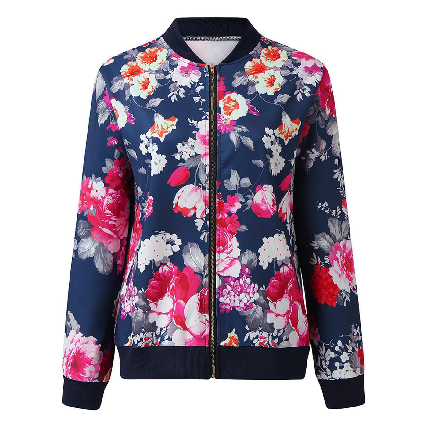 Autumn And Winter Fashion Printed Round Neck Zipper Long - Sleeved Jacket Women Jacket - Belisimo