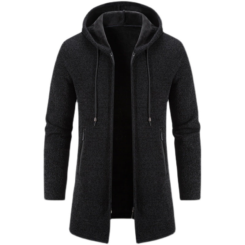 Autumn And Winter Fleece - lined Thickening Trendy Solid Color Men's Cardigan Mid - length Hooded Jacket - Belisimo