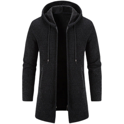 Autumn And Winter Fleece - lined Thickening Trendy Solid Color Men's Cardigan Mid - length Hooded Jacket - Belisimo