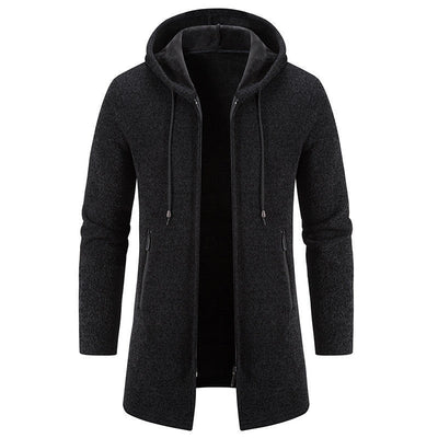 Autumn And Winter Fleece - lined Thickening Trendy Solid Color Men's Cardigan Mid - length Hooded Jacket - Belisimo