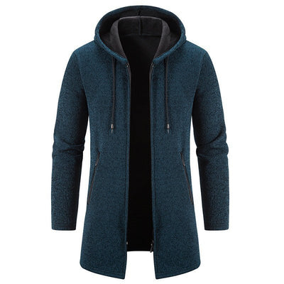 Autumn And Winter Fleece - lined Thickening Trendy Solid Color Men's Cardigan Mid - length Hooded Jacket - Belisimo