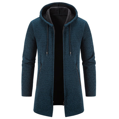 Autumn And Winter Fleece - lined Thickening Trendy Solid Color Men's Cardigan Mid - length Hooded Jacket - Belisimo