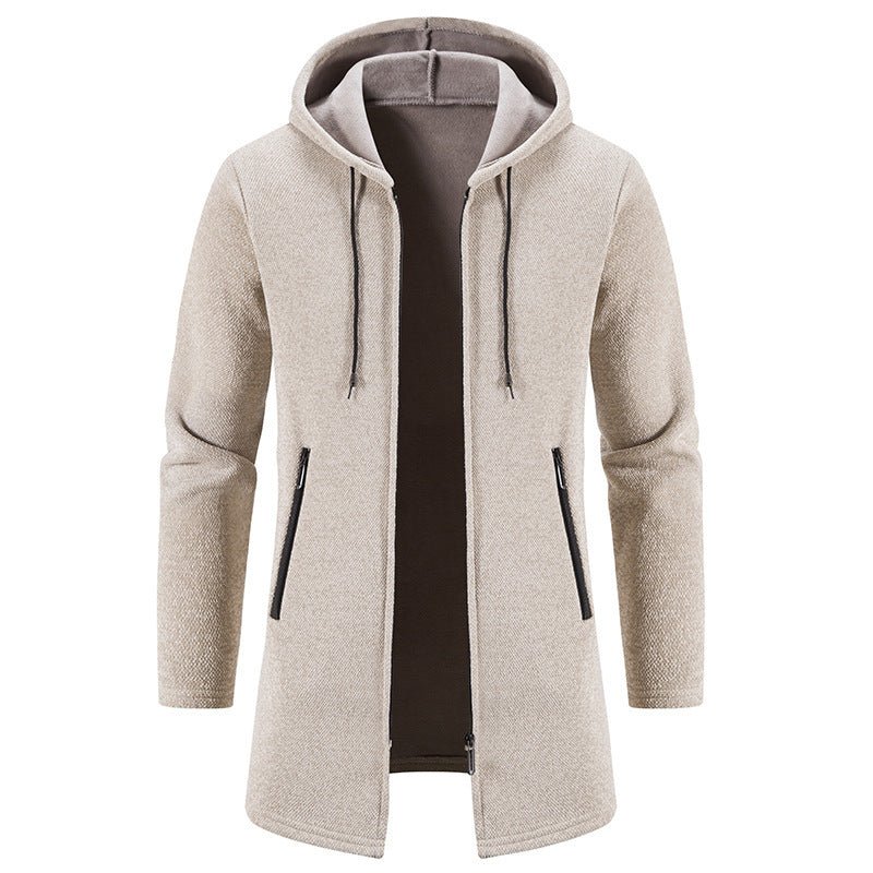 Autumn And Winter Fleece - lined Thickening Trendy Solid Color Men's Cardigan Mid - length Hooded Jacket - Belisimo