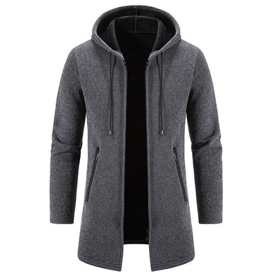 Autumn And Winter Fleece - lined Thickening Trendy Solid Color Men's Cardigan Mid - length Hooded Jacket - Belisimo