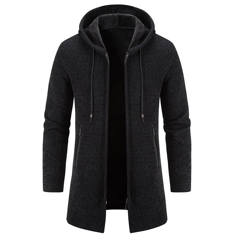 Autumn And Winter Fleece - lined Thickening Trendy Solid Color Men's Cardigan Mid - length Hooded Jacket - Belisimo