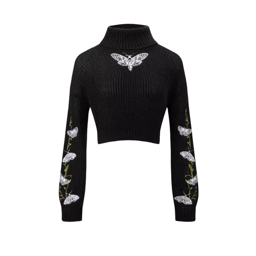 Butterfly Embroidery Short Long Sleeve Casual Sweater - Belisimo