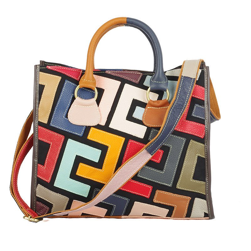 Color Contrast Geometric Pattern Stitching Crossbody Leather Handbag - Belisimo