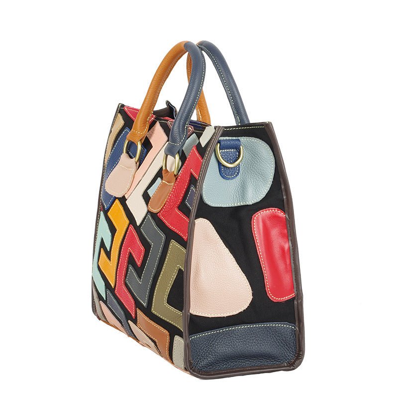 Color Contrast Geometric Pattern Stitching Crossbody Leather Handbag - Belisimo