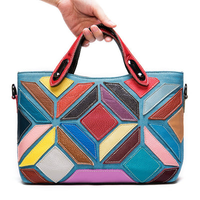 Colored Lady's Handbag With Cowhide Stitching Top Layer - Belisimo