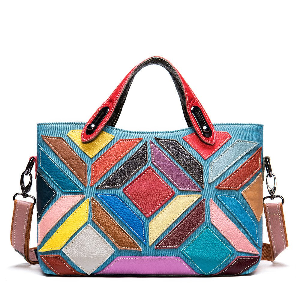 Colored Lady's Handbag With Cowhide Stitching Top Layer - Belisimo