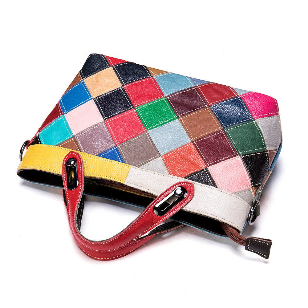 Colored Lady's Handbag With Cowhide Stitching Top Layer - Belisimo