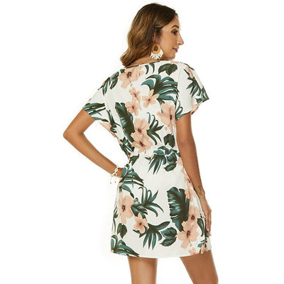 Dolman Sleeves Dress Summer Printed Drawstring V - Neck Beach Dresses For Women - Belisimo