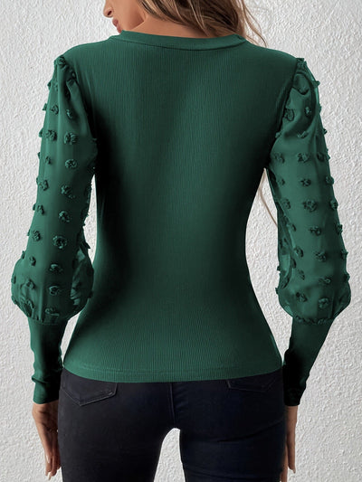 Elegant Rib V - neck Sleeve Chiffon Stitching Long Sleeve T-shirt Slimming Top - Belisimo