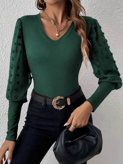 Elegant Rib V - neck Sleeve Chiffon Stitching Long Sleeve T-shirt Slimming Top - Belisimo