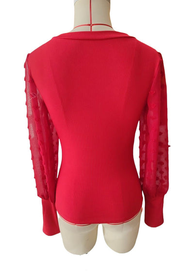 Elegant Rib V - neck Sleeve Chiffon Stitching Long Sleeve T-shirt Slimming Top - Belisimo