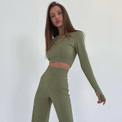 European And American Long - sleeved Pajamas Short Trousers Suit Fashion Sunken Stripe Knitted Home Wear - Belisimo