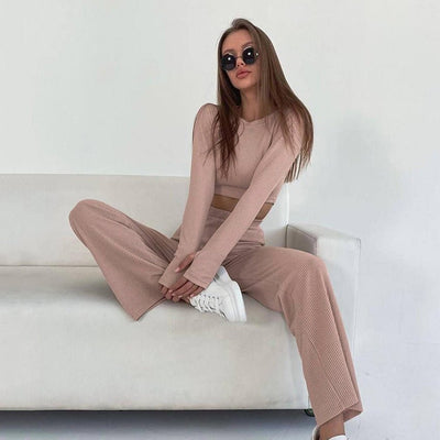 European And American Long - sleeved Pajamas Short Trousers Suit Fashion Sunken Stripe Knitted Home Wear - Belisimo