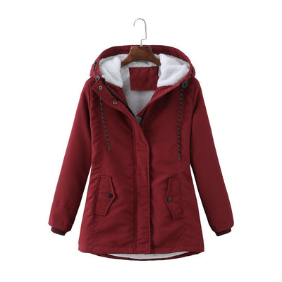 European Size Ladies Hooded Lambswool Parka Winter Warm Waist Women's Cotton - padded Coat - Belisimo