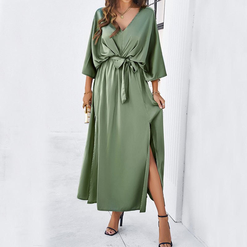 Fashion Bat Sleeve Long - sleeved V - neck Dress With Split Design Temperament Loose High Waist Lace - up Long Dresses Women Clothing - Belisimo