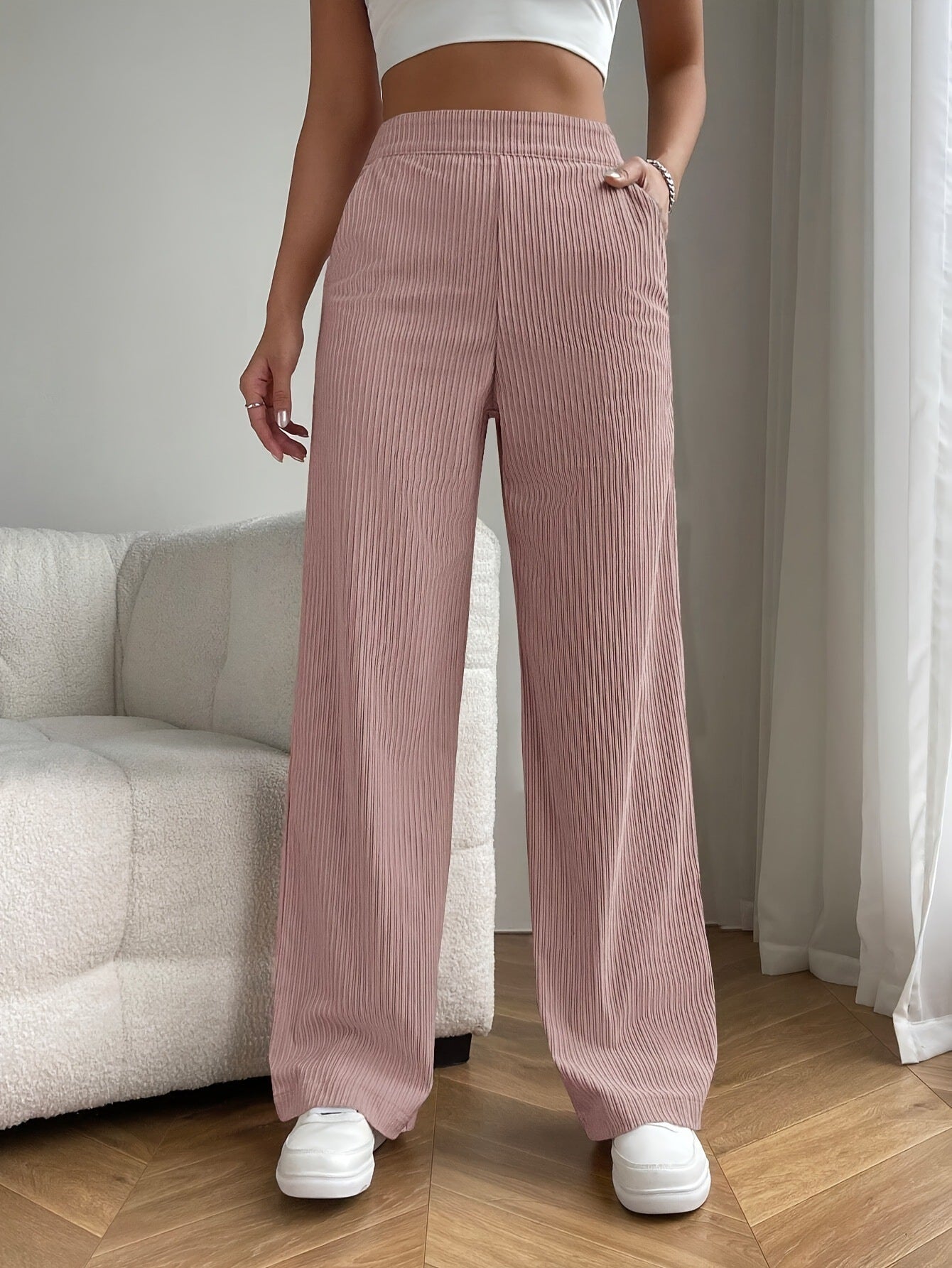 High Waist Loose Wide Legs All - matching Corduroy Casual Straight Pants - Belisimo