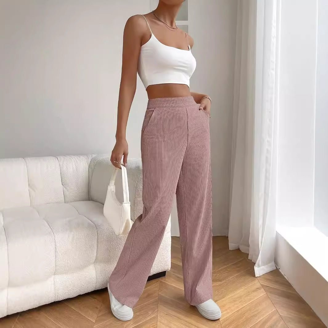 High Waist Loose Wide Legs All - matching Corduroy Casual Straight Pants - Belisimo