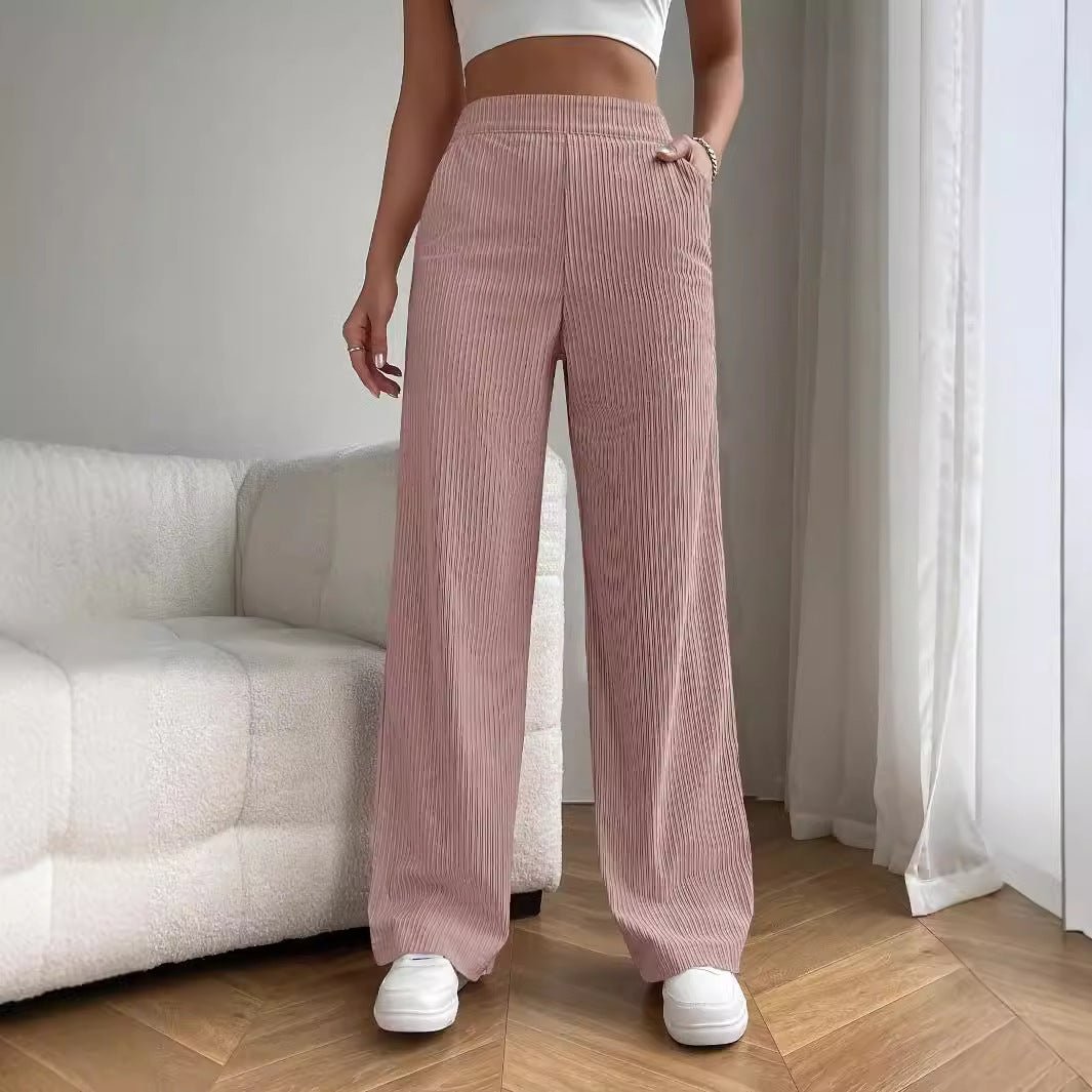 High Waist Loose Wide Legs All - matching Corduroy Casual Straight Pants - Belisimo