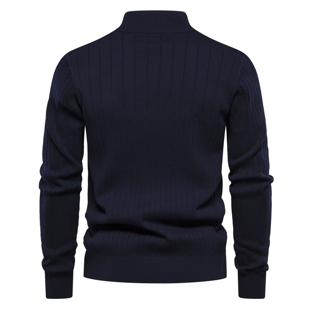 Men's Stand Collar Sweater Fashion Half - zipper Solid Color Striped Knit Sweater High Quality Slim Fit Top Clothing - Belisimo