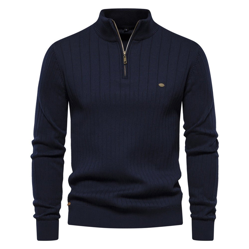 Men's Stand Collar Sweater Fashion Half - zipper Solid Color Striped Knit Sweater High Quality Slim Fit Top Clothing - Belisimo