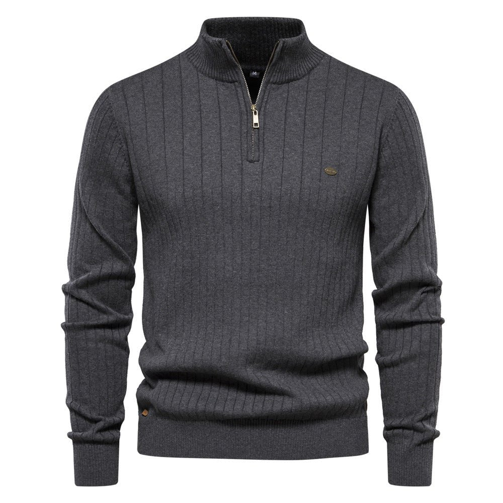 Men's Stand Collar Sweater Fashion Half - zipper Solid Color Striped Knit Sweater High Quality Slim Fit Top Clothing - Belisimo