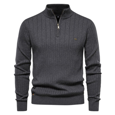 Men's Stand Collar Sweater Fashion Half - zipper Solid Color Striped Knit Sweater High Quality Slim Fit Top Clothing - Belisimo