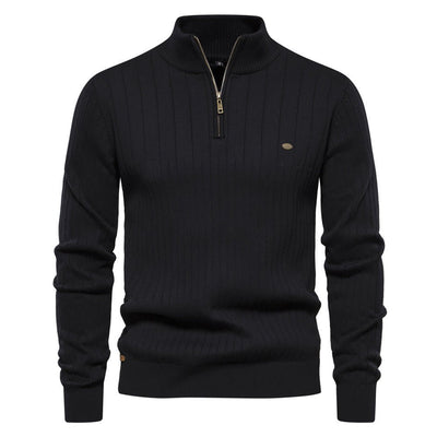 Men's Stand Collar Sweater Fashion Half - zipper Solid Color Striped Knit Sweater High Quality Slim Fit Top Clothing - Belisimo