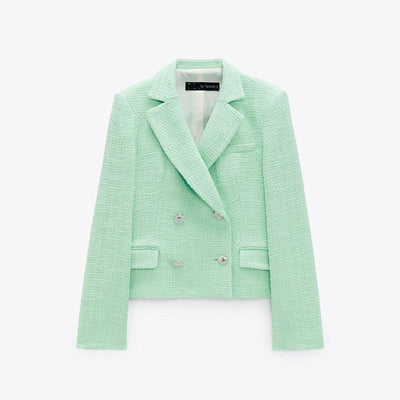 New Texture Double - breasted Short Green Suit Jacket Women - Belisimo