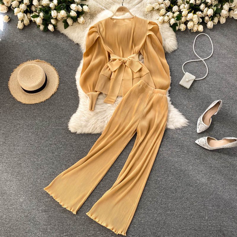 Pleated Chiffon Puff Sleeve Top Wide Leg Pants Set - Belisimo