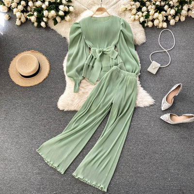 Pleated Chiffon Puff Sleeve Top Wide Leg Pants Set - Belisimo