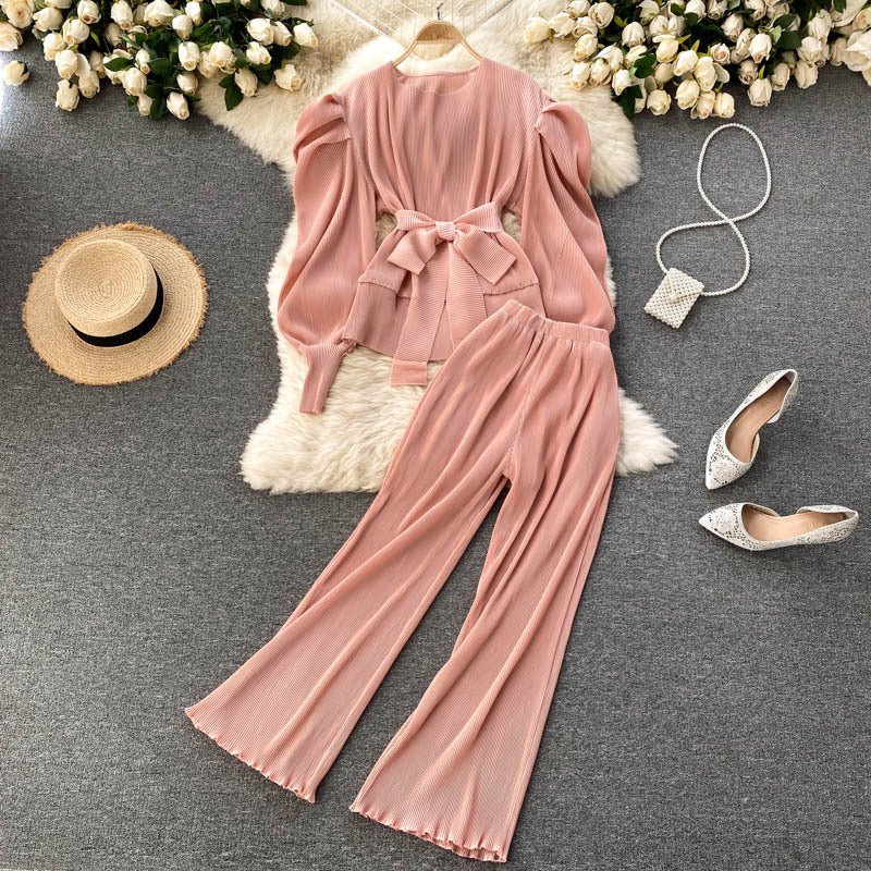 Pleated Chiffon Puff Sleeve Top Wide Leg Pants Set - Belisimo