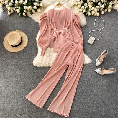 Pleated Chiffon Puff Sleeve Top Wide Leg Pants Set - Belisimo