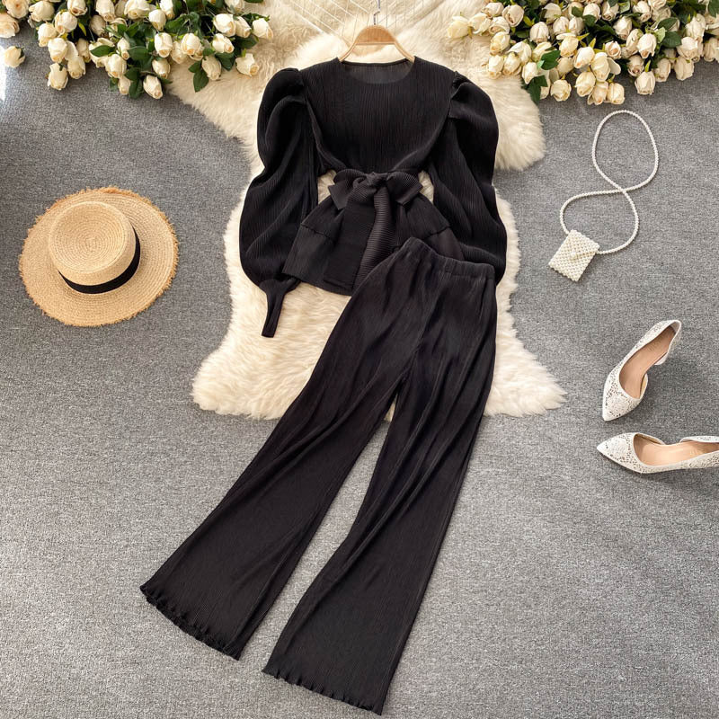 Pleated Chiffon Puff Sleeve Top Wide Leg Pants Set - Belisimo