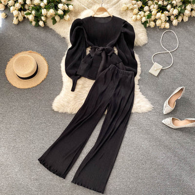 Pleated Chiffon Puff Sleeve Top Wide Leg Pants Set - Belisimo