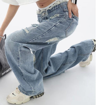 Ripped Jeans Women's High Waist Trendy High - looking Versatile Slimming Straight - leg Wide - leg Pants - Belisimo