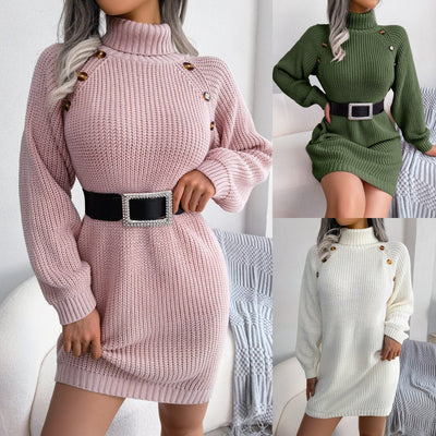 Winter Turtleneck Long Sweater Dress With Button Design Leisure Clinch Long Sleeve Base Sweater Women - Belisimo