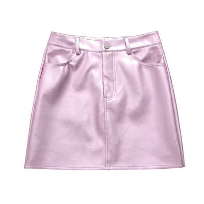 Women's Glossy High Waist Fashion Button Decoration Hip Skirt - Belisimo