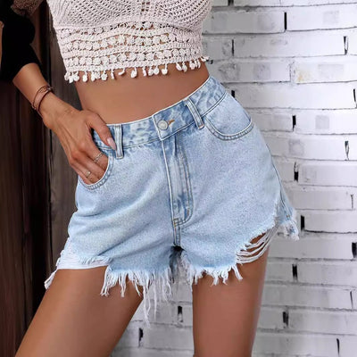 Women's High Waist Ripped Shorts - Belisimo