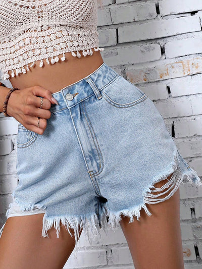 Women's High Waist Ripped Shorts - Belisimo