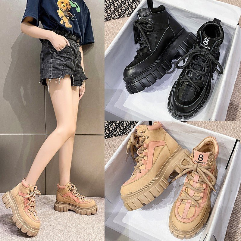 Womens Martin Boots Casual Laceup Platform Height Increasing Sneakers - Belisimo